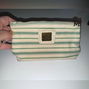 Mario Badesu Stripped Cream and Green Canvas Cosmetic Pouch and Mirror